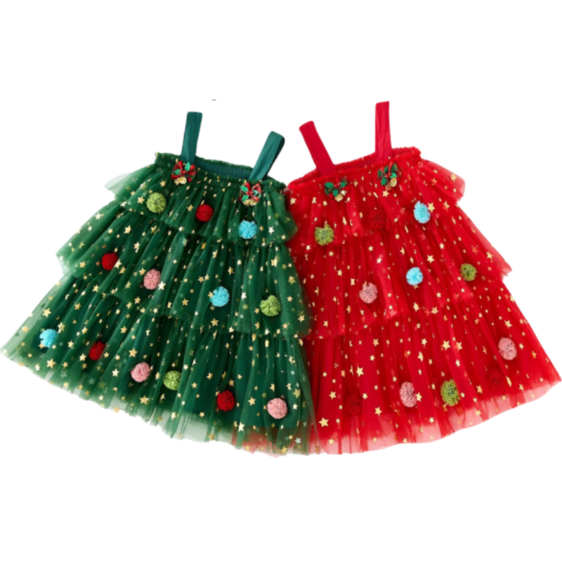 Girls Tulle Christmas Dress with Pom-Poms