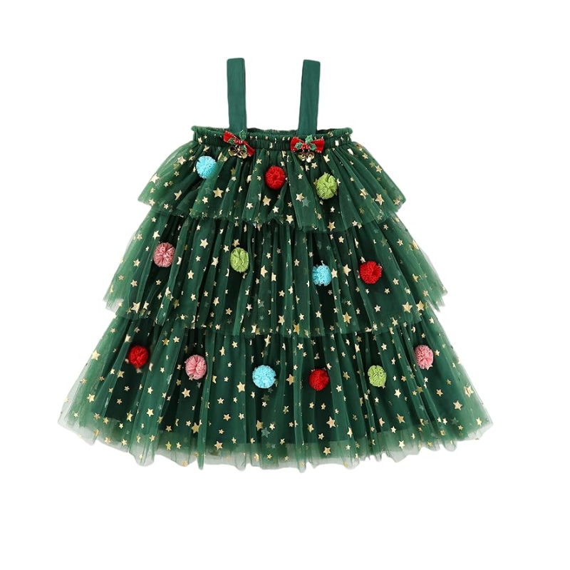 Girls Tulle Christmas Dress with Pom-Poms