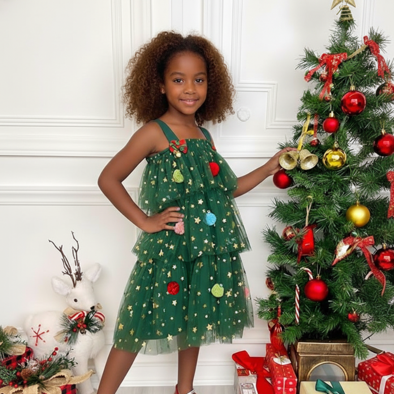 Girls Tulle Christmas Dress with Pom-Poms