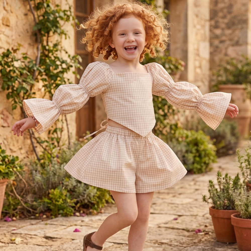 Beige Gingham Cotton Set