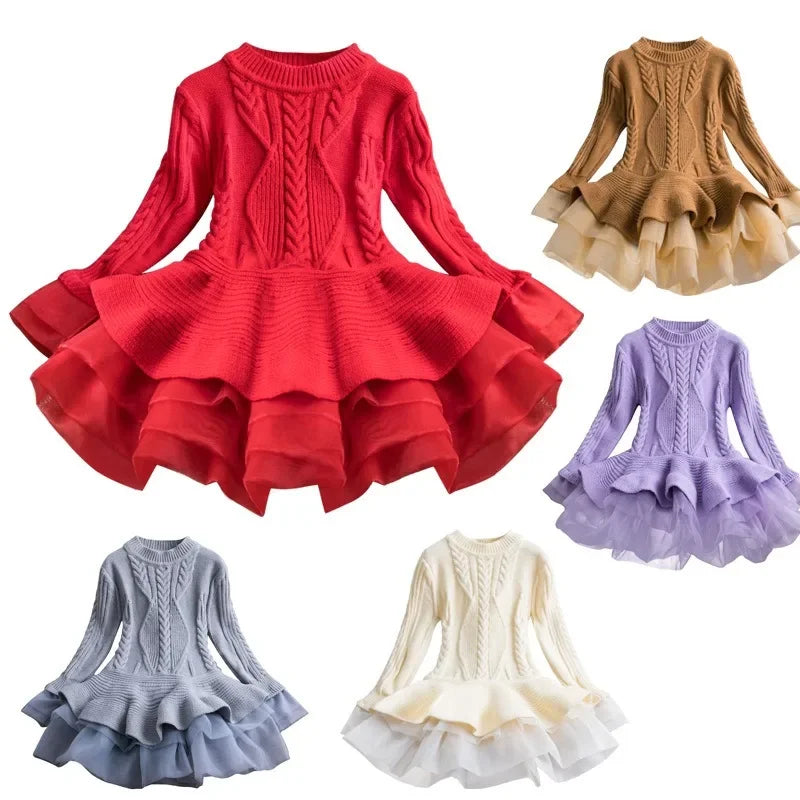 Knitted and Ruffled Girls Winter Dress
