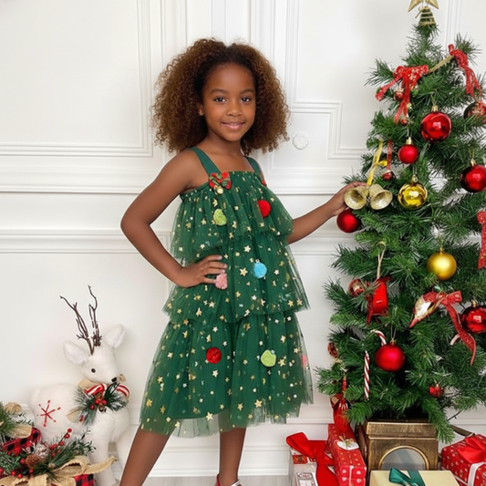 Girls Tulle Christmas Dress with Pom-Poms