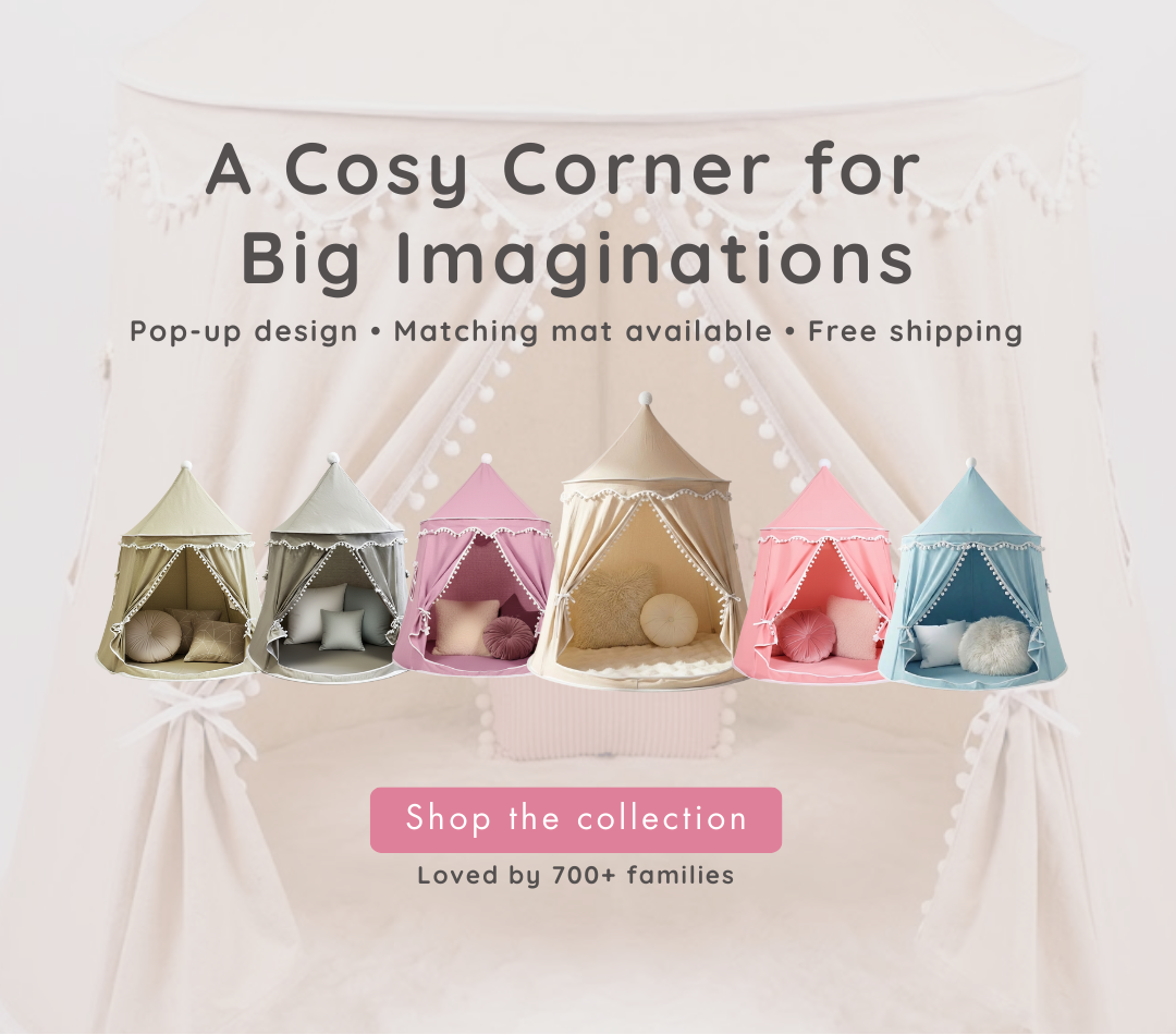 Children's play tents in various colors with promotional text on a light background