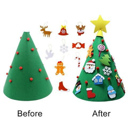 Before and after comparison of a green felt Christmas tree with added decorations on a white background.