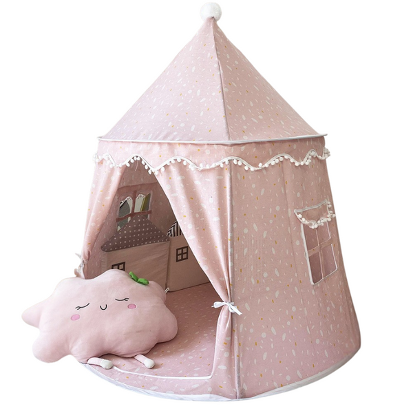 Pink children's play tent with a cloud-shaped pillow on a white background