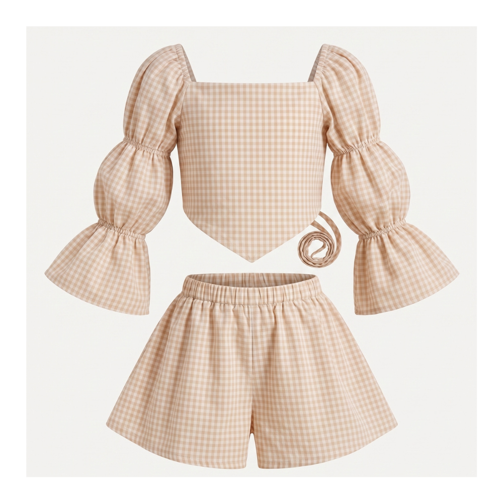 Beige Gingham Cotton Set