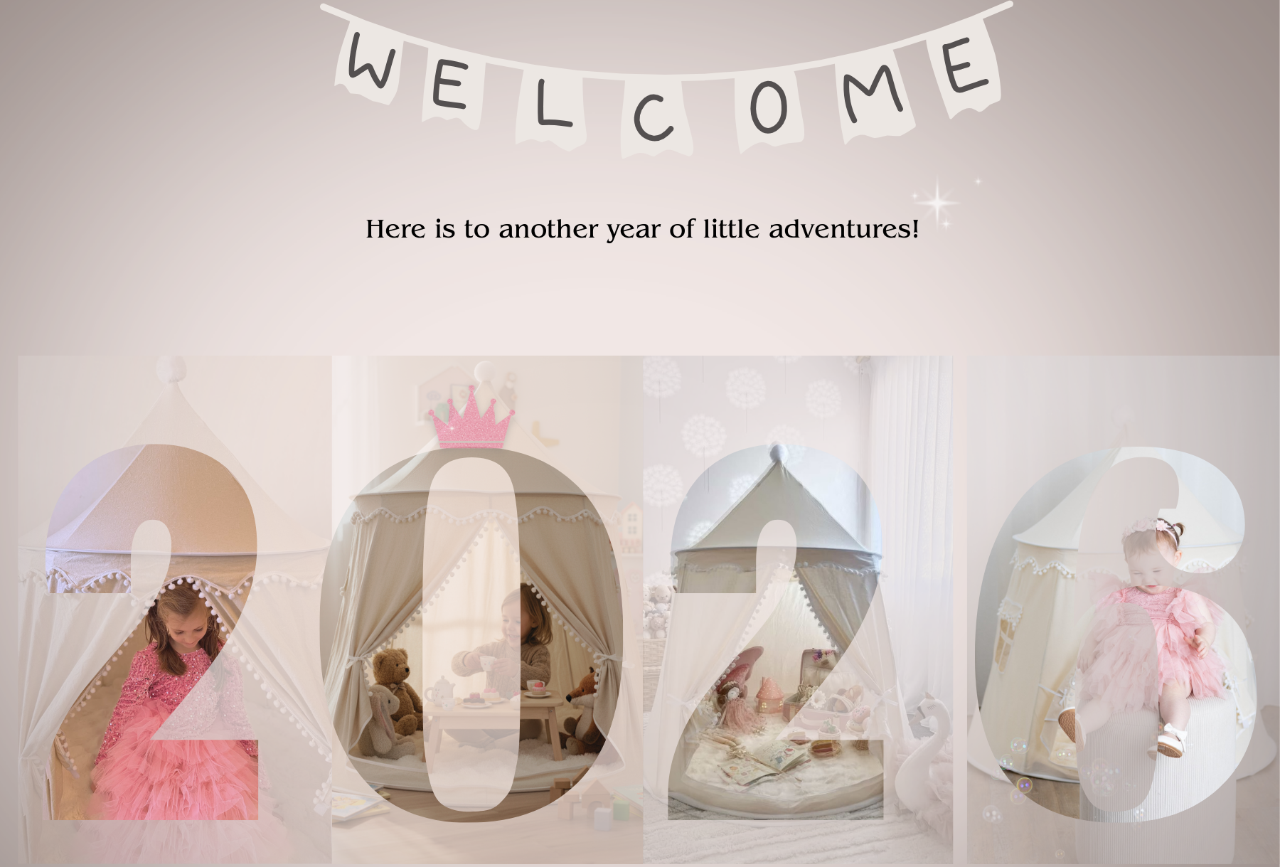 Decorative banner with 'Welcome 2023' and children's photos inside numbers, on a light background.