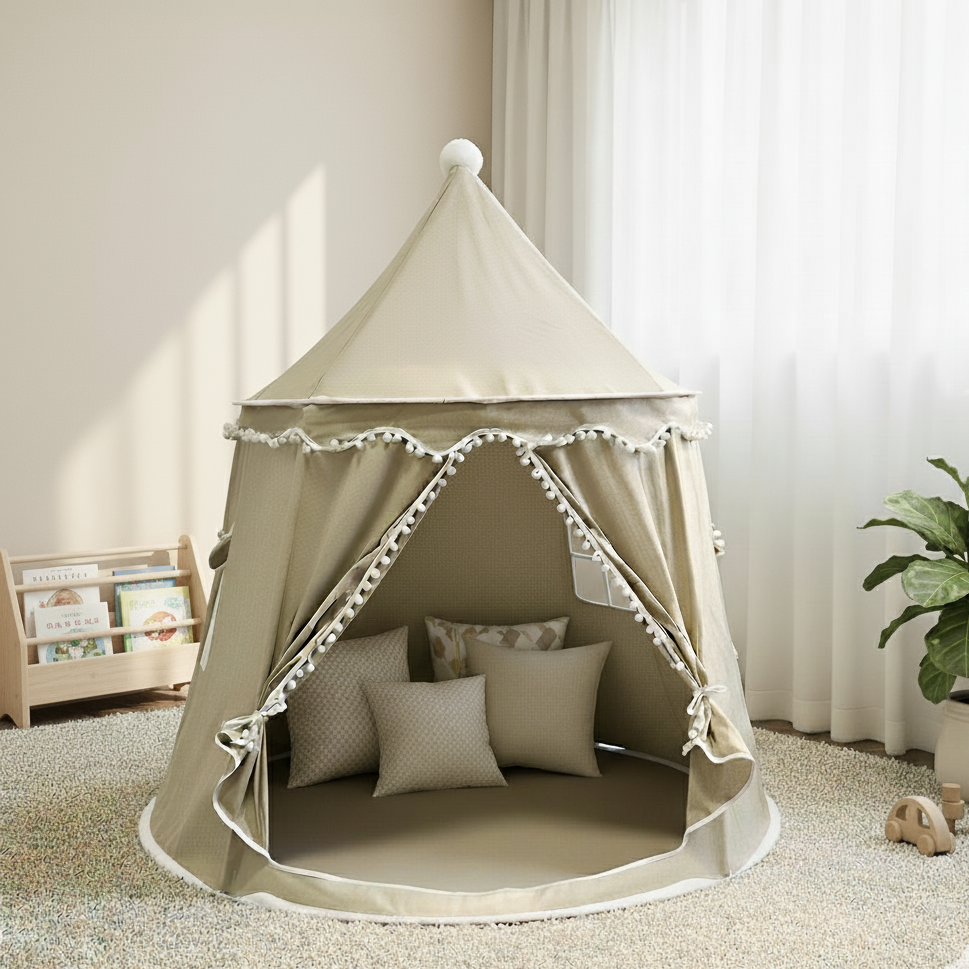 Beige children's play tent with cushions in a room setting