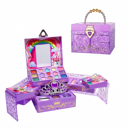 Children's makeup set with mirror and accessories in a purple case on a white background