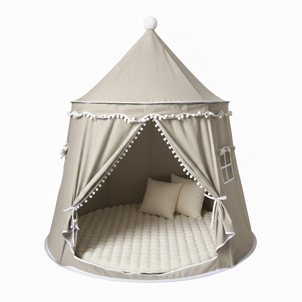 Beige children's play tent with curtains and pillows on a white background