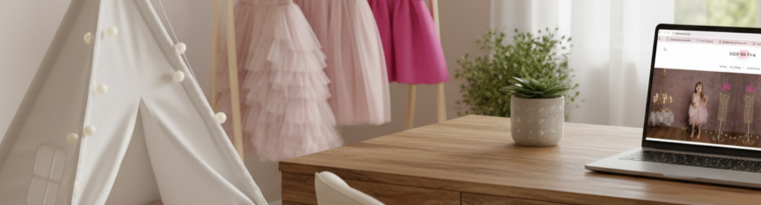Home office with a desk, laptop, and children's dresses in the background