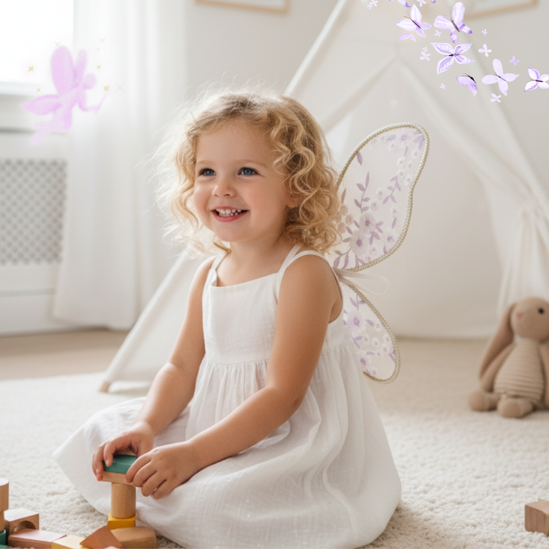 Child in a white dress with fairy wings sitting on the floor in a cozy room.