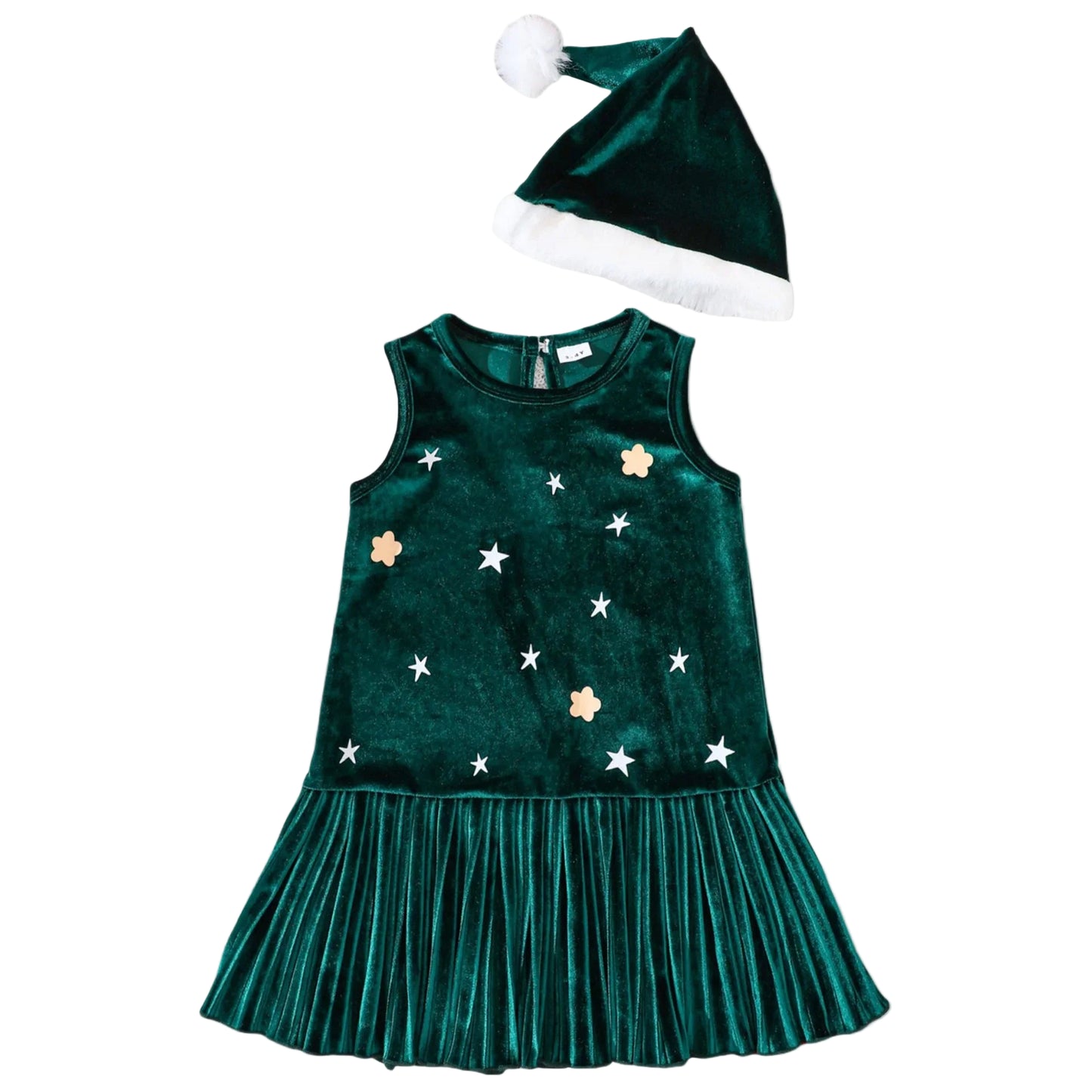 Green velvet dress with star patterns and matching hat on a gray background