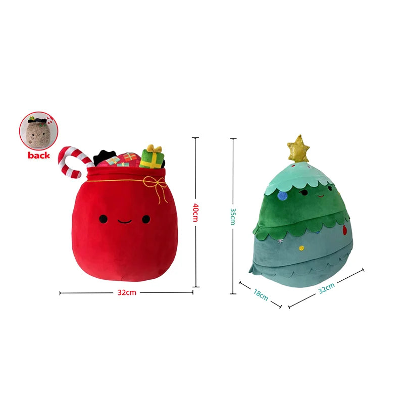 Two plush toys, one red and one green with a star on top, with measurements indicated.