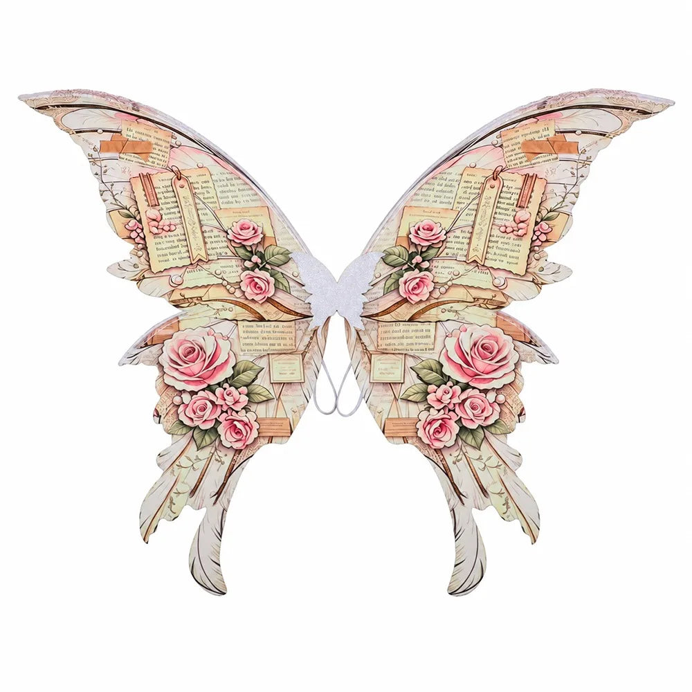 A decorative butterfly-shaped wall art piece with layered wings featuring vintage book pages, pink roses, and green leaves on a plain white background.