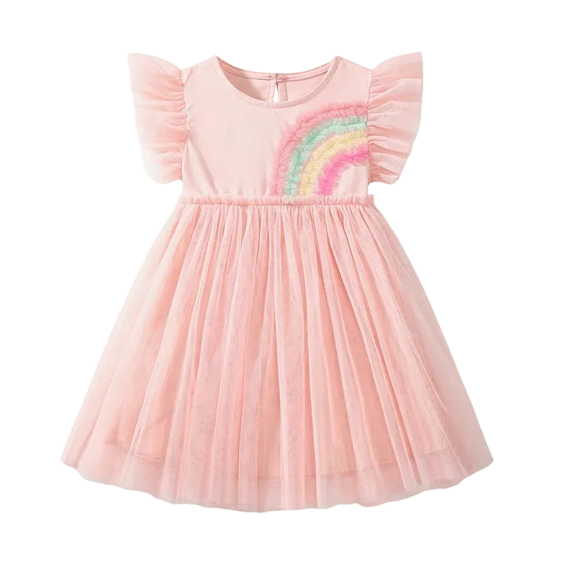 A pink knee-length dress with short sleeves, featuring a cartoon rainbow design on the chest.