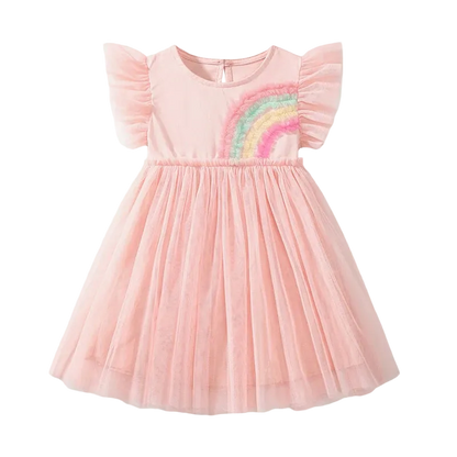 A pink knee-length dress with short sleeves, featuring a cartoon rainbow design on the chest.