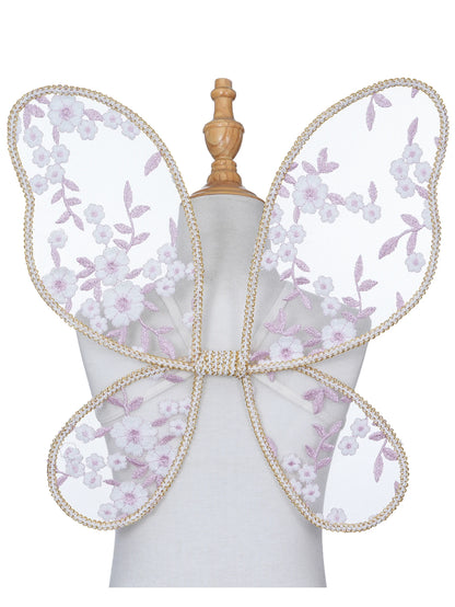 Butterfly wings with floral design and pearl accents on a mannequin.