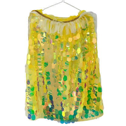 Yellow sequin skirt on a hanger against a white background