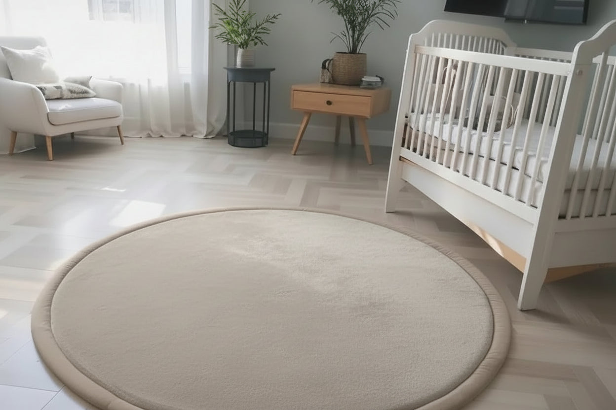Round rug in a nursery with toys on it, surrounded by a white crib and a white armchair.