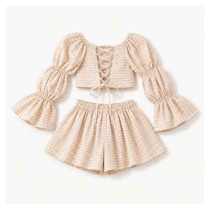 Beige Gingham Cotton Set