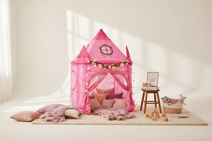 Magical play tent styled in luxurious studio setting with soft lighting and dreamy decor