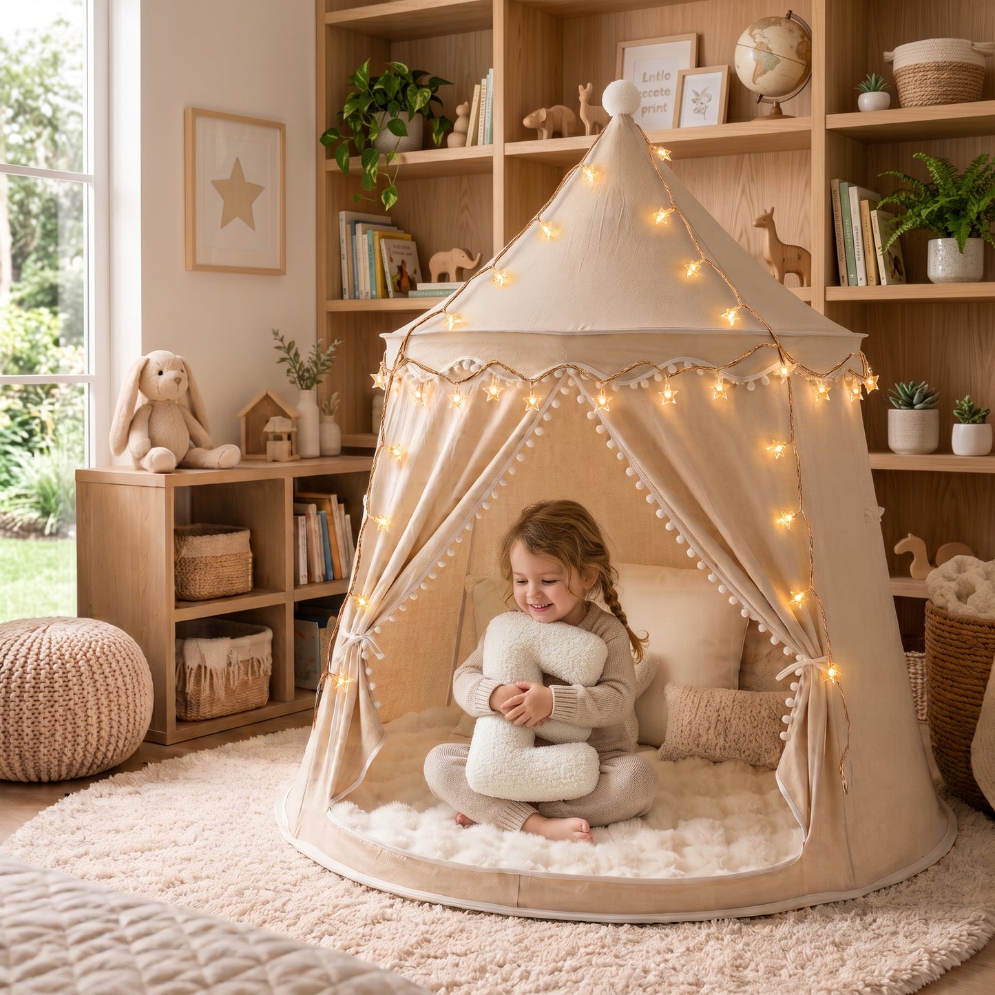 A child sits inside a beige fabric play tent with warm string lights, set in a cozy, book-filled nursery room.
