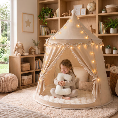 A child sits inside a beige fabric play tent with warm string lights, set in a cozy, book-filled nursery room.