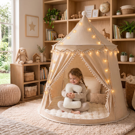 A child sits inside a beige fabric play tent with warm string lights, set in a cozy, book-filled nursery room.