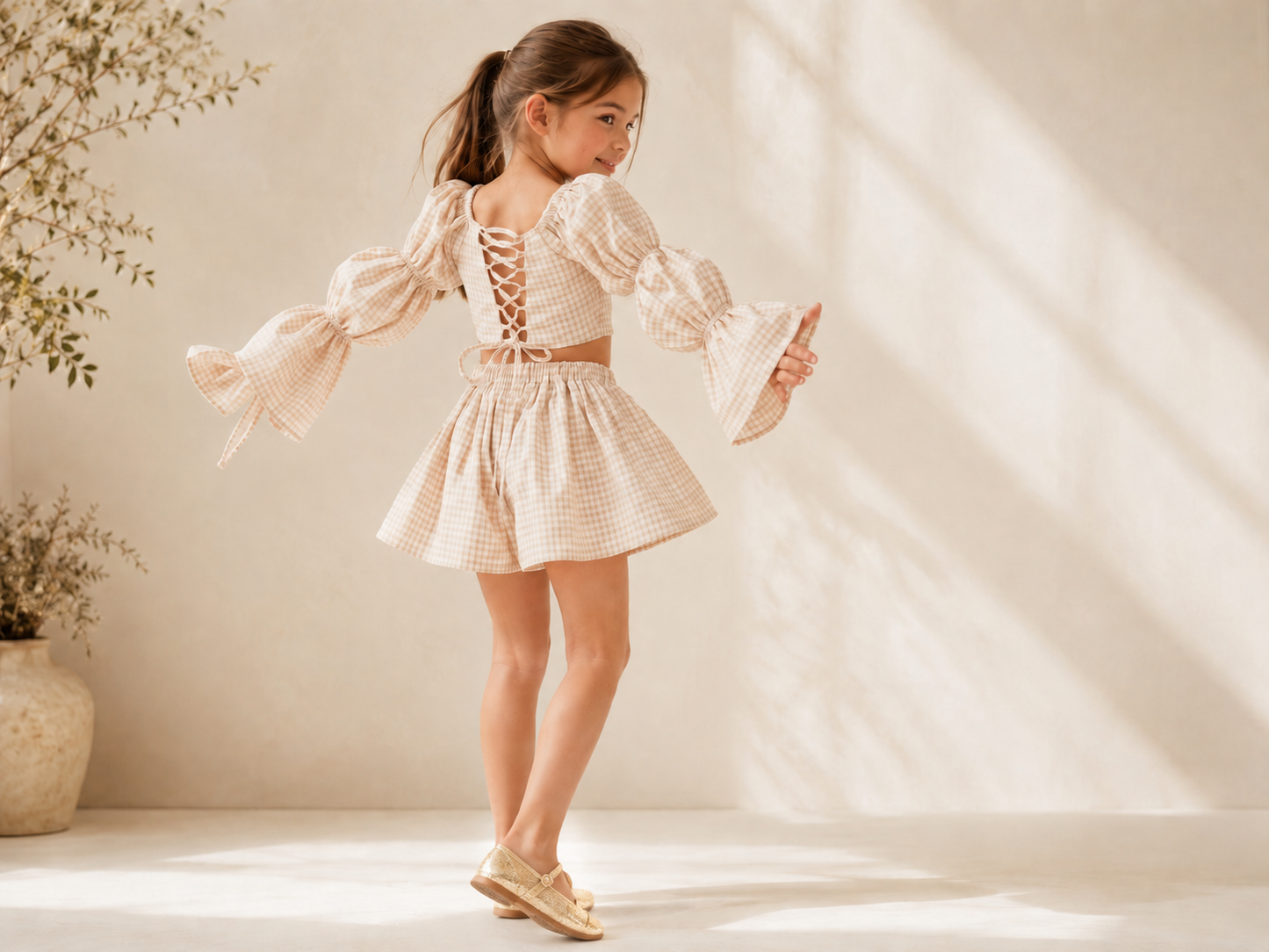 Beige Gingham Cotton Set